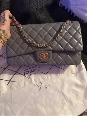 CHANEL Quilted Shoulder Flap Bag in Gray with Gold Hardware